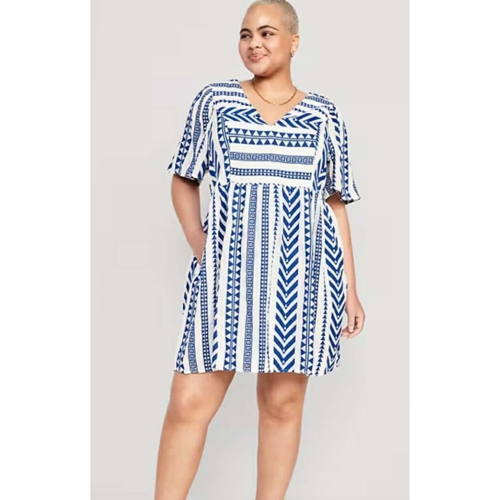 Old Navy Womens Blue White Geometric Tribal V-Neck Flutter Sleeve Mini Dress S
